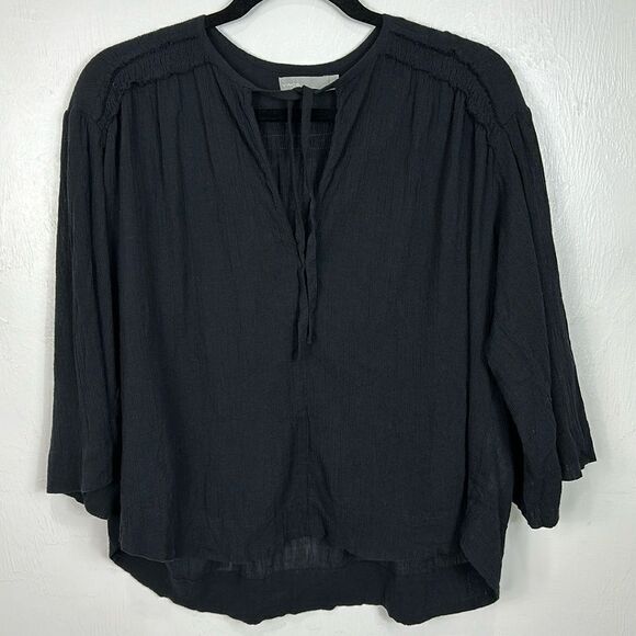 Vince Tops - Vince Black Cotton 3/4 Sleeve Tie Neck Peasant Blouse Top Size S